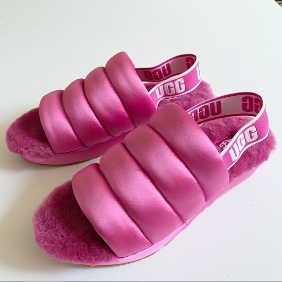 New UGG Fuchsia Puff Yeah Satin Slides Slippers Sandals 7 - Picture 1 of 8